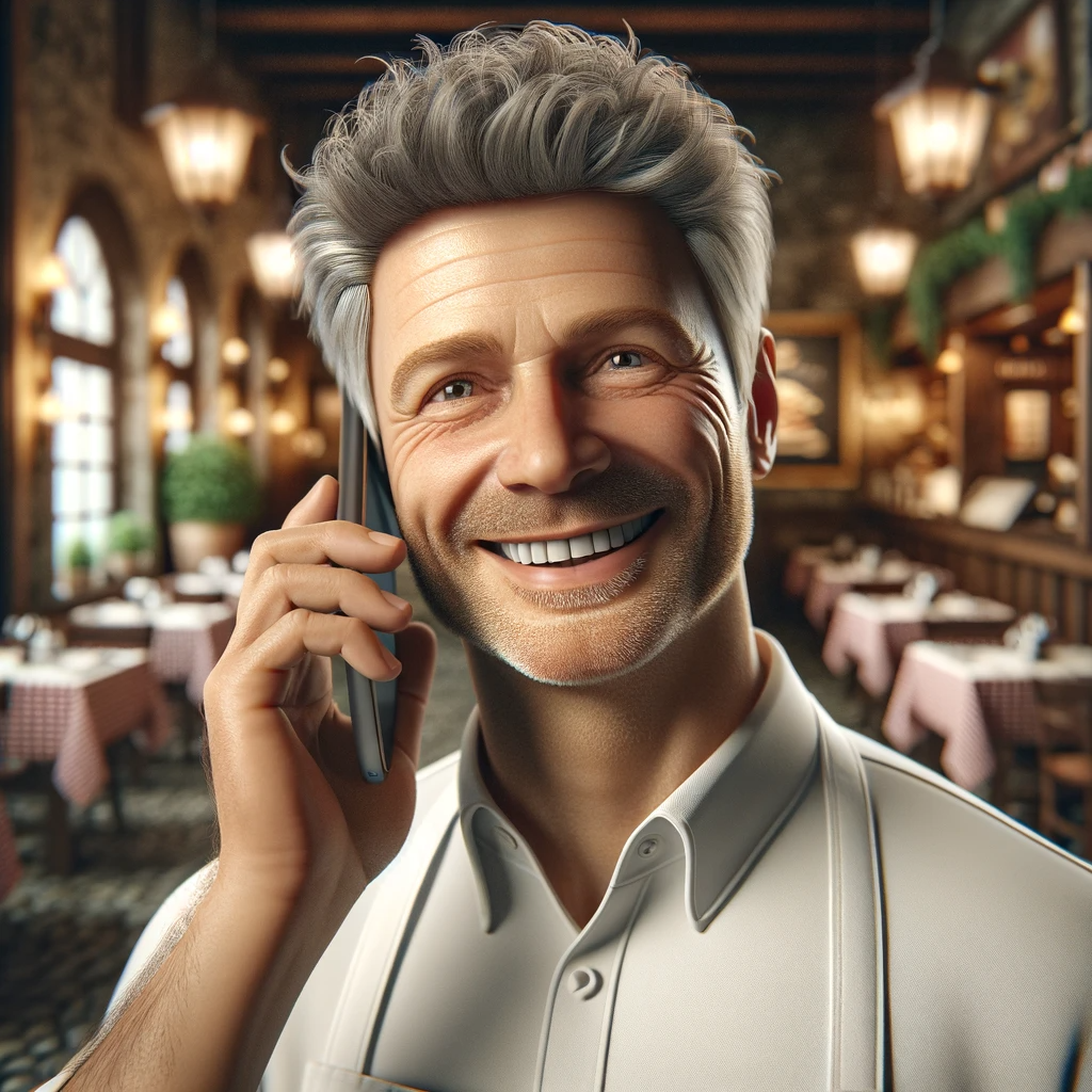 Image of a restaurant owner on the phone smiling in an Italian restaurant using VirtualContact AI